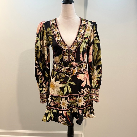 FARM Rio Dresses & Skirts - NEW Farm Rio Surreal Flowers Black Long Sleeve Mini Dress Belted Ruffle Hem XS